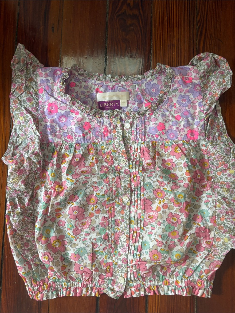 Love Shack Fancy x Liberty Fabric: Pink & Purple Floral Ruffle-Sleeve Blouse